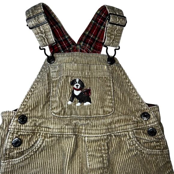 The children's place tan corduroy bib overalls puppy dog and red plaid size 12 m - Picture 3 of 6